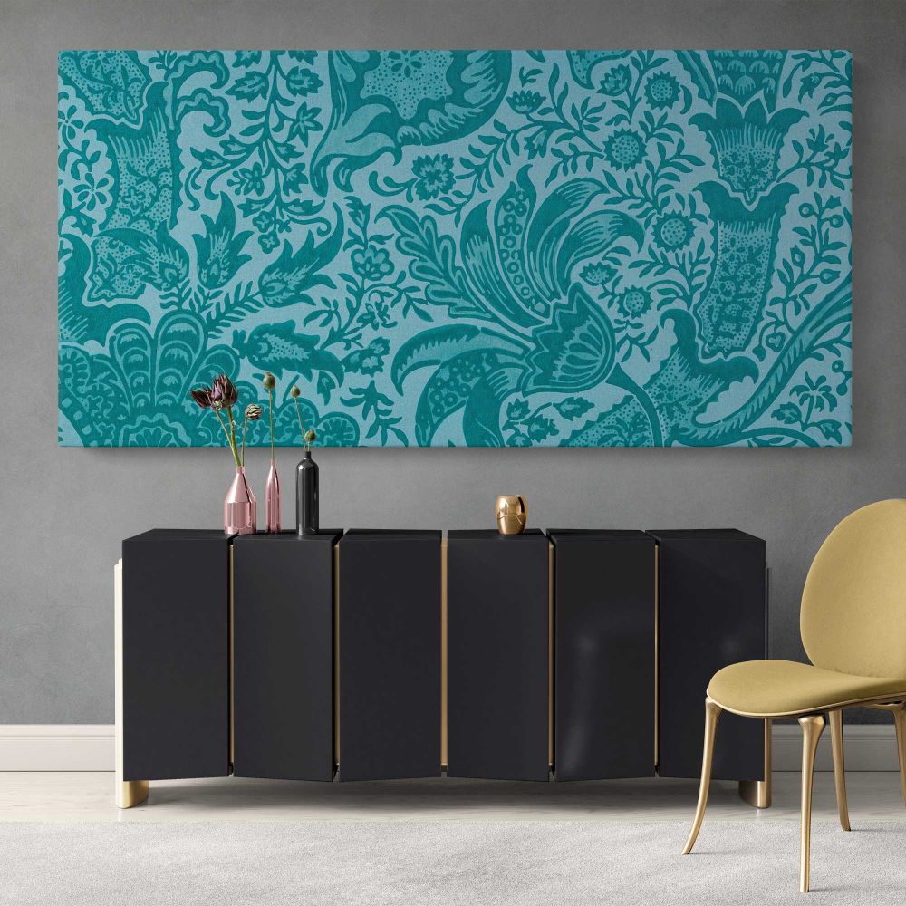 Indian Floral Pattern in Teal by William Morris — single-panel canvas above a sideboard
