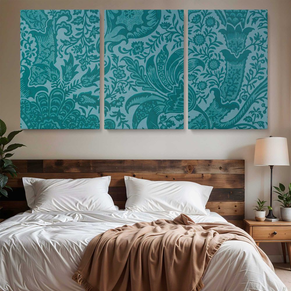 Indian Floral Pattern in Teal by William Morris — three-panel canvas above a bed