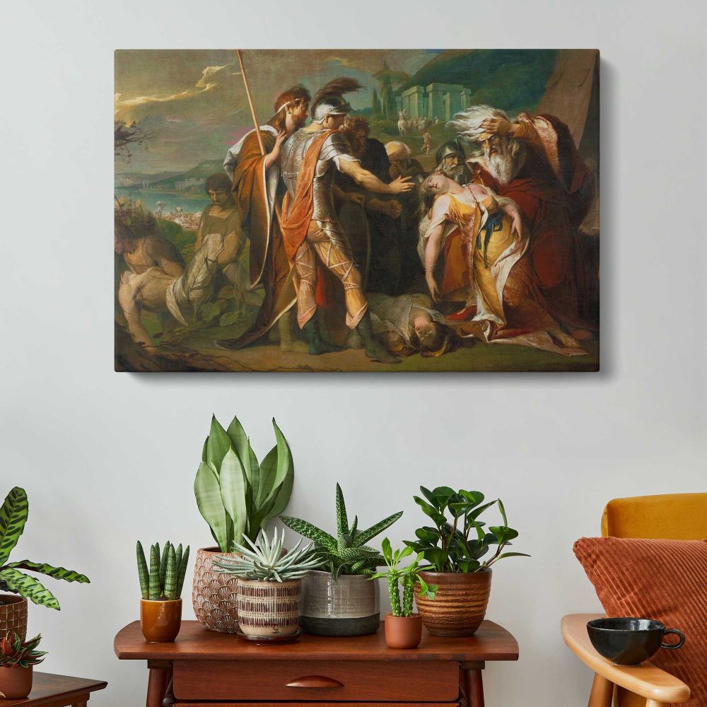 King Lear Weeping Over the Dead Body of Cordelia by James Barry - single-panel canvas displayed above a console table