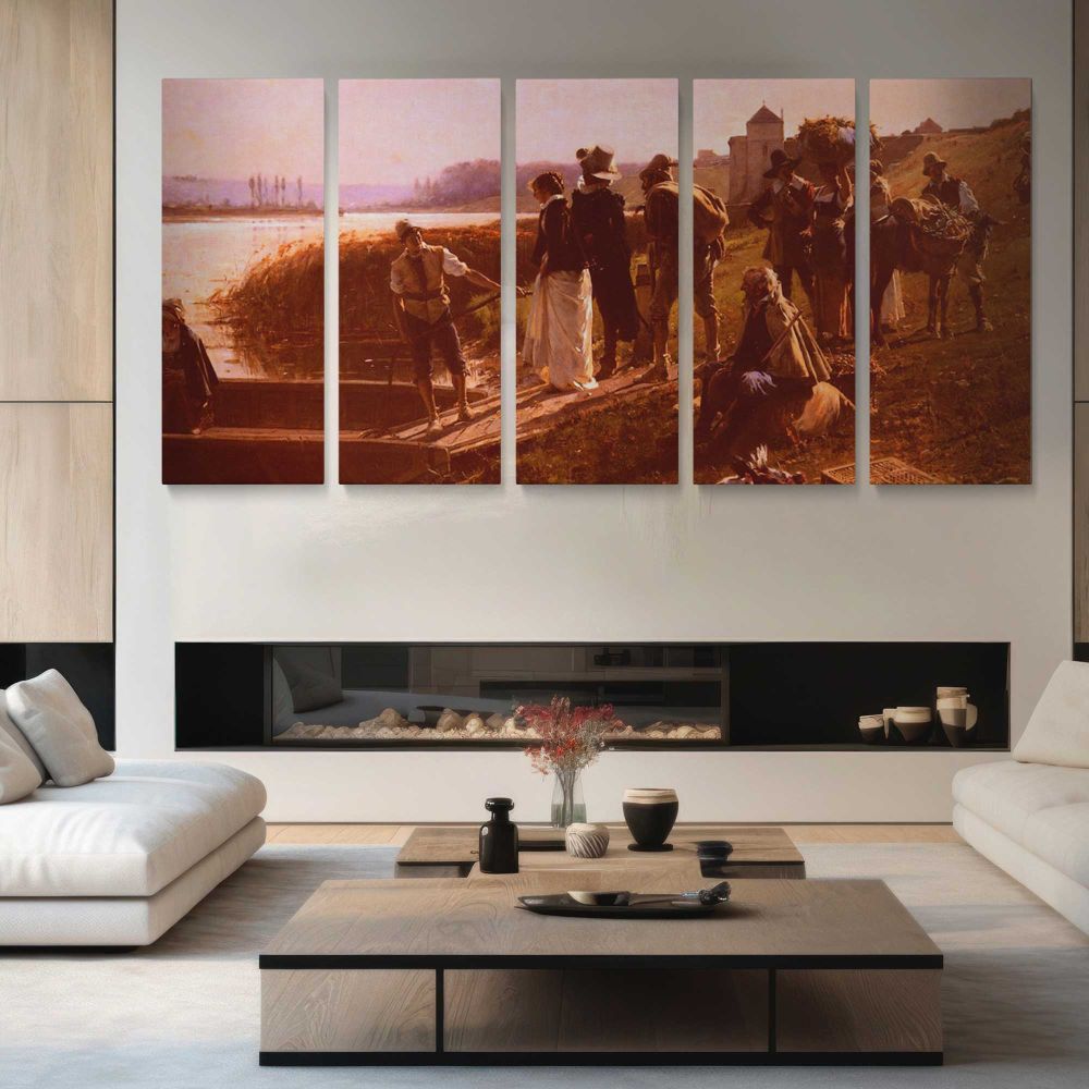 Le Bac - The Ferry by Adrien Moreau — four-panel canvas arrangement in a living room