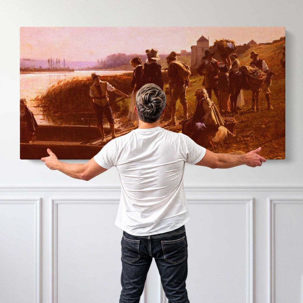 Le Bac - The Ferry by Adrien Moreau — single-panel canvas shown behind a standing person for scale