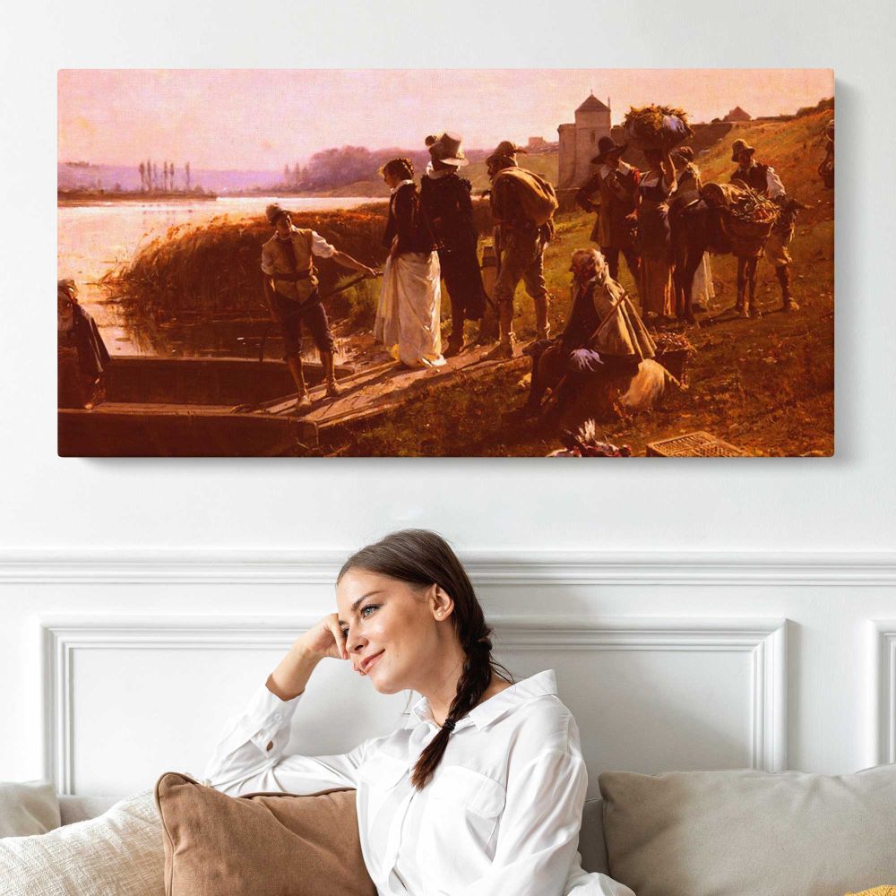 Le Bac - The Ferry by Adrien Moreau — single-panel canvas shown above a seated person