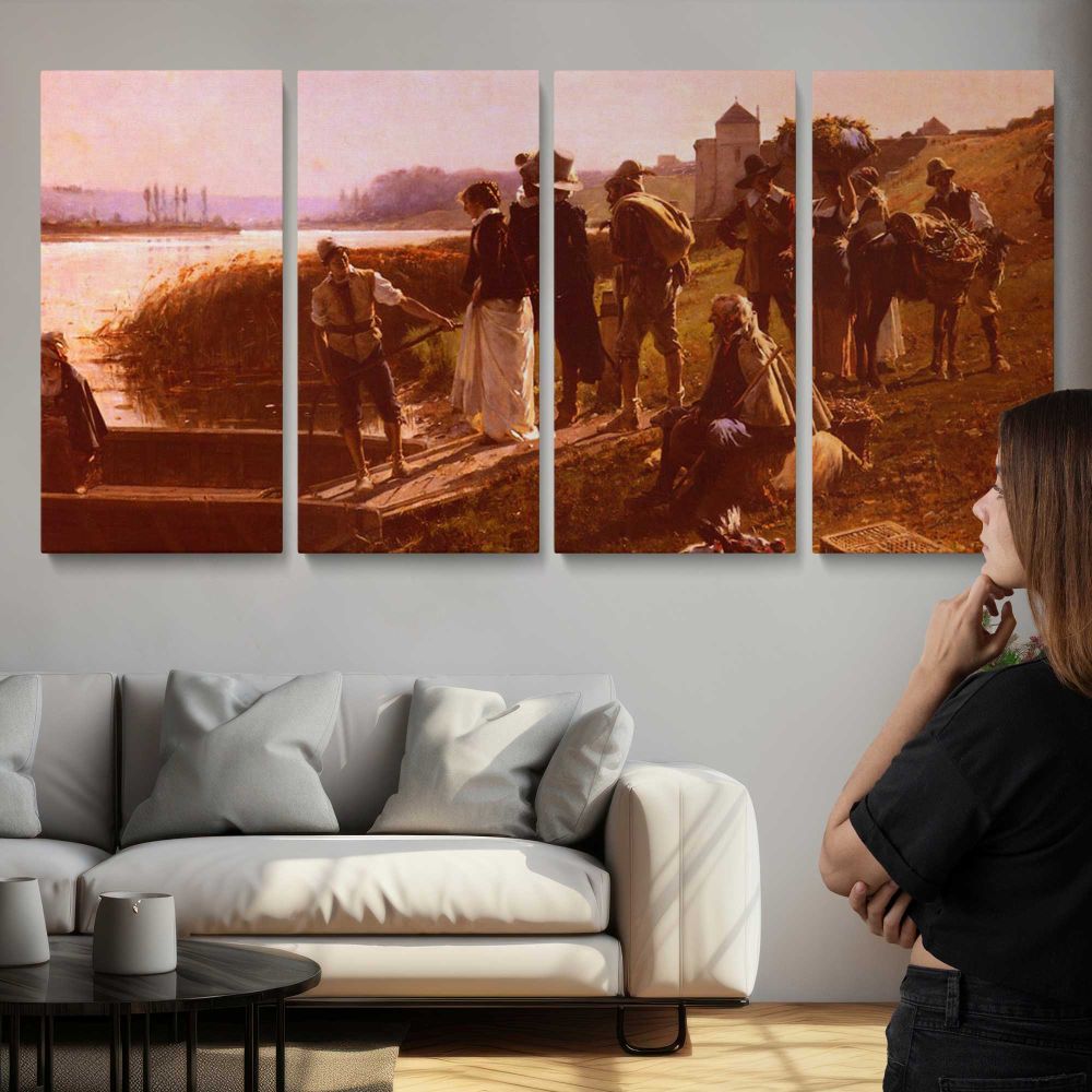 Le Bac - The Ferry by Adrien Moreau — three-panel canvas above a sofa
