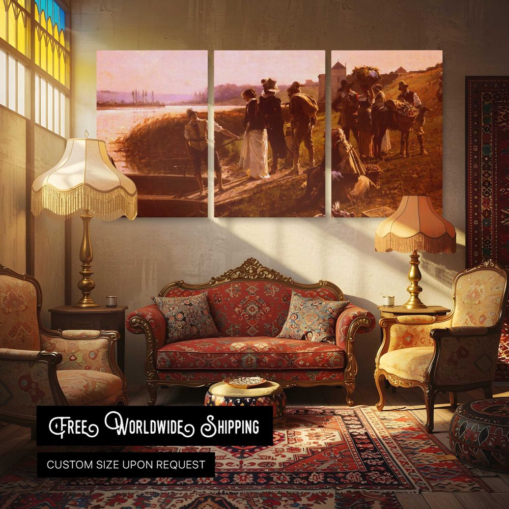 Le Bac - The Ferry by Adrien Moreau — multi-panel canvas in a warmly lit lounge
