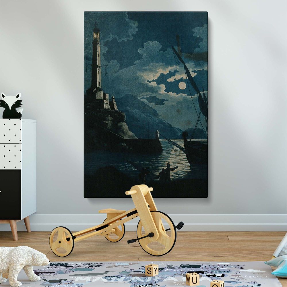 Lighthouse of Genoa - Nighttime Moonlit Harbor View By H. Merke After Serres canvas wall art - Image 2