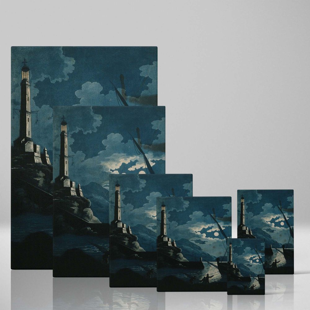 Lighthouse of Genoa - Nighttime Moonlit Harbor View By H. Merke After Serres canvas wall art - Image 4