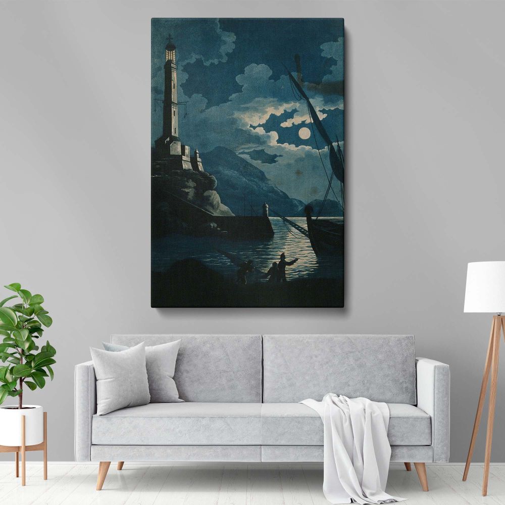 Lighthouse of Genoa - Nighttime Moonlit Harbor View By H. Merke After Serres canvas wall art - Image 5