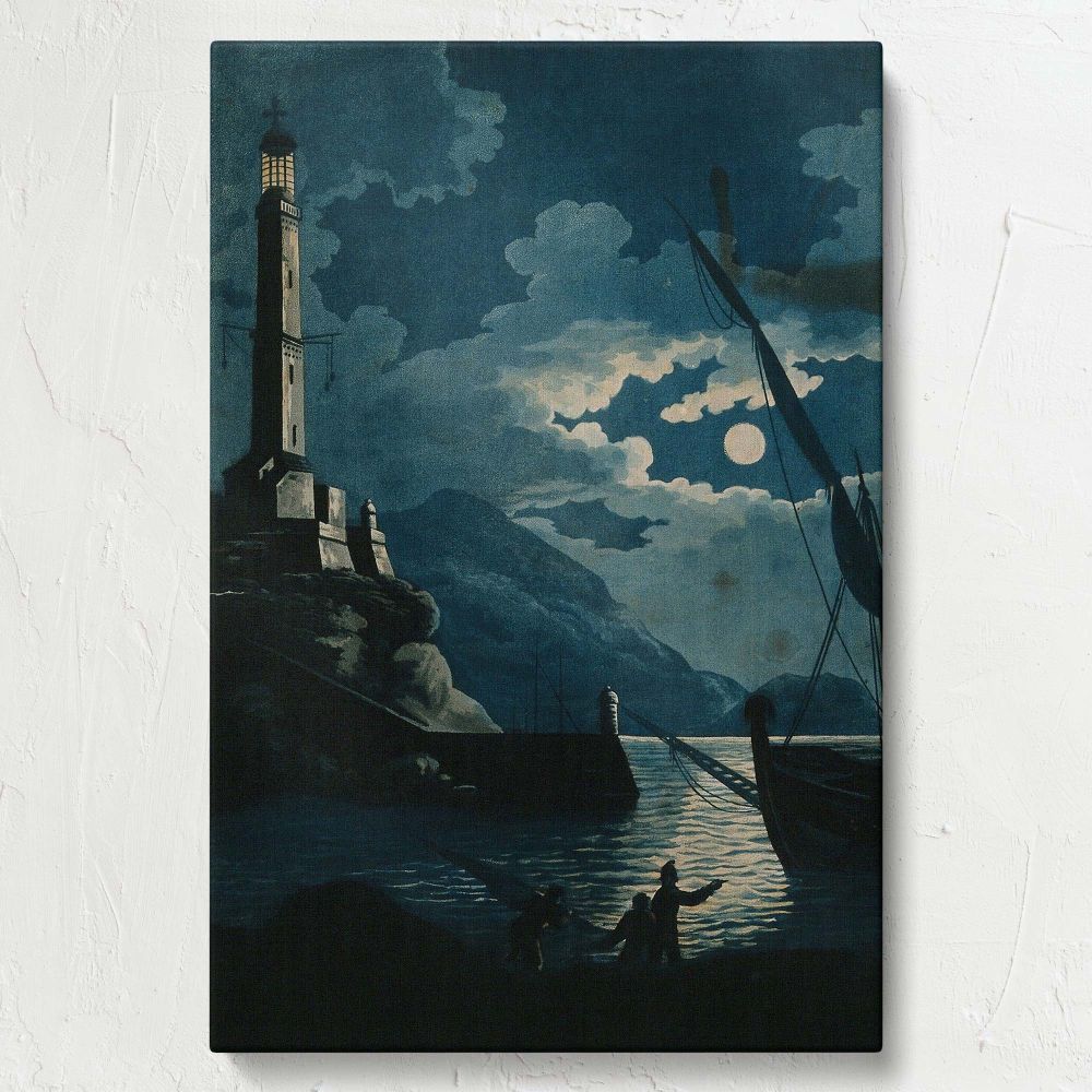 Lighthouse of Genoa - Nighttime Moonlit Harbor View By H. Merke After Serres canvas wall art - Image 7
