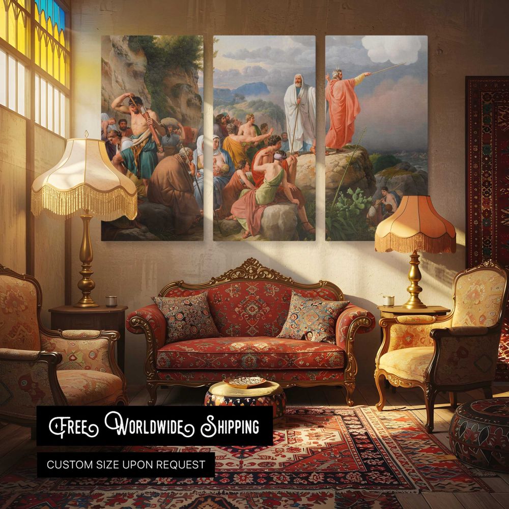 Moses Causes the Red Sea to Return and Pharaoh's Army Is Flooded by C.W - multi-panel canvas displayed in a classic lounge
