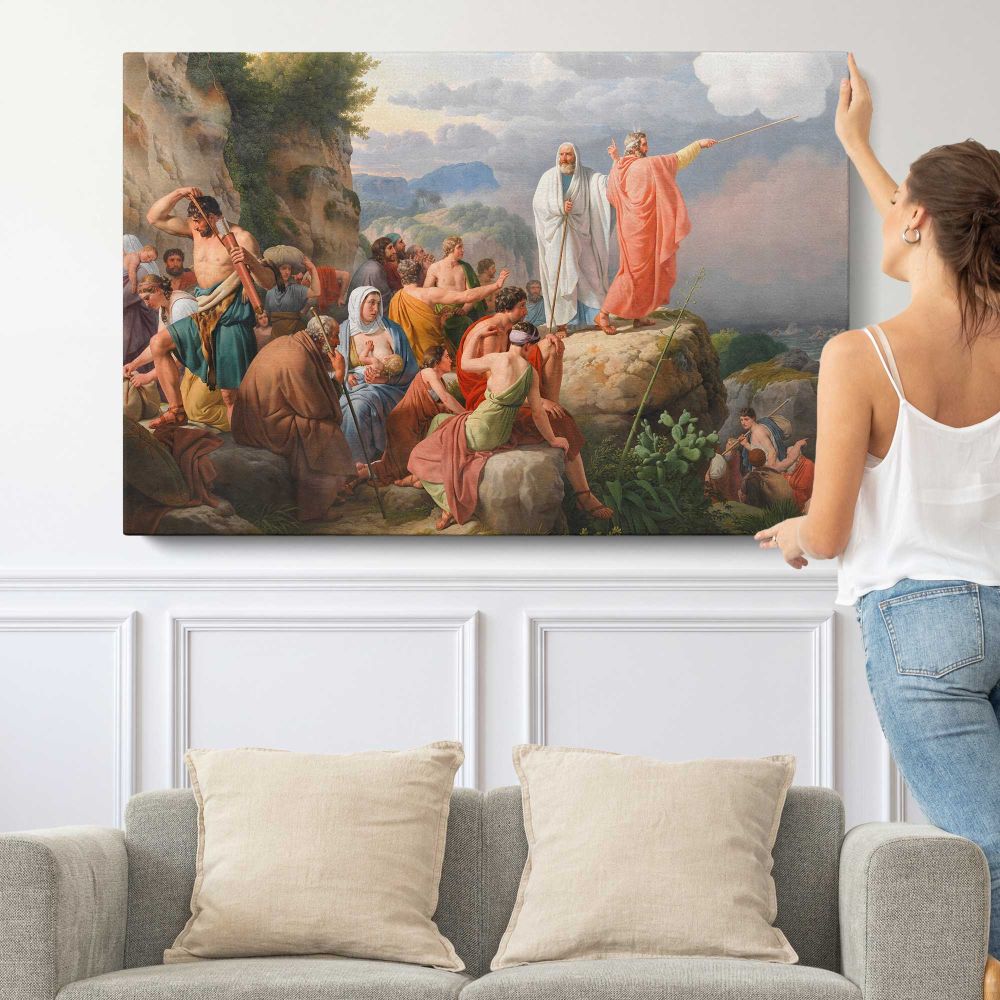 Moses Causes the Red Sea to Return and Pharaoh's Army Is Flooded by C.W - single-panel canvas shown with a person for scale