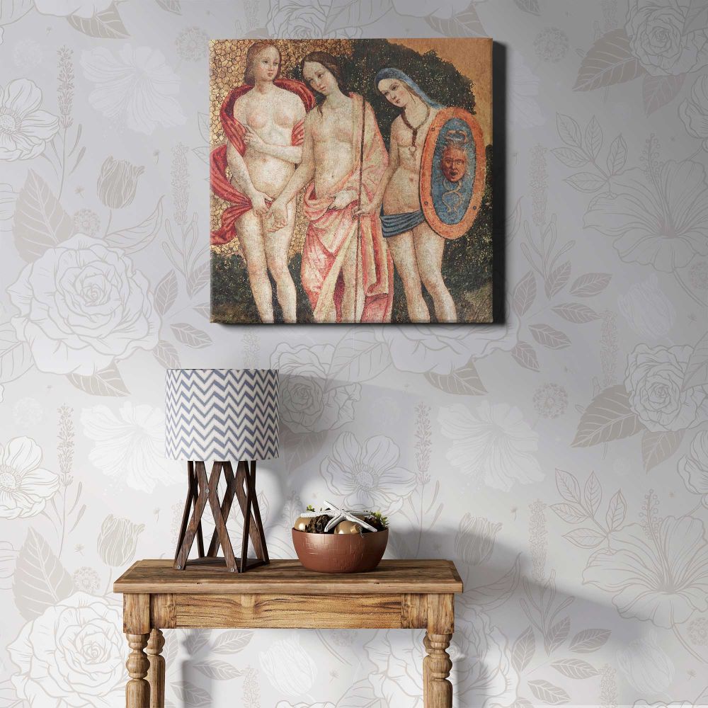 Naked lady vintage art, Judgment of Paris (ca. 1509) by Pinturicchio — room mockup view 1