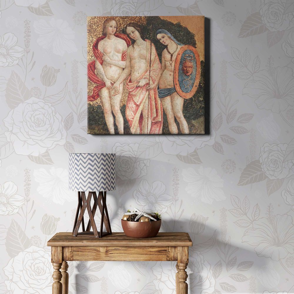 Naked lady vintage art, Judgment of Paris (ca. 1509) by Pinturicchio — room mockup view 1