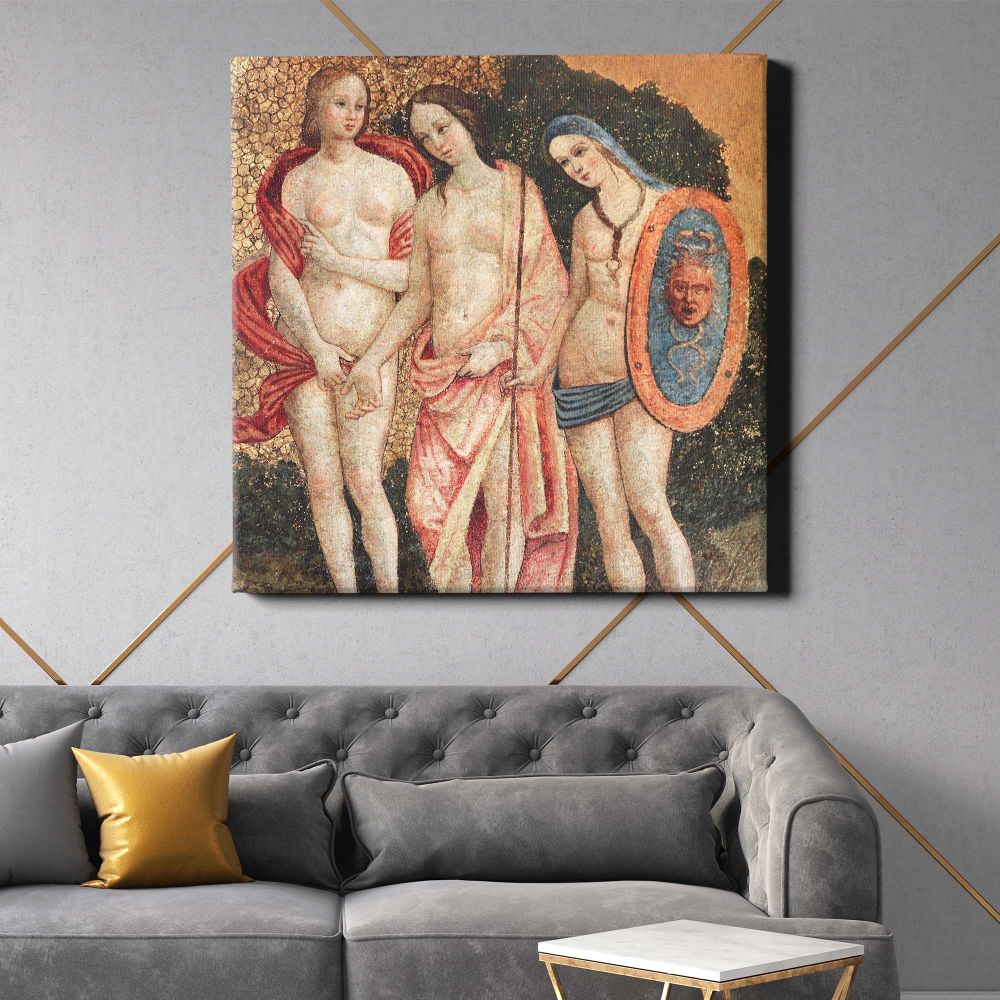 Naked lady vintage art, Judgment of Paris (ca. 1509) by Pinturicchio — room mockup view 21