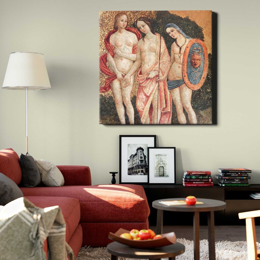 Naked lady vintage art, Judgment of Paris (ca. 1509) by Pinturicchio — room mockup view 22