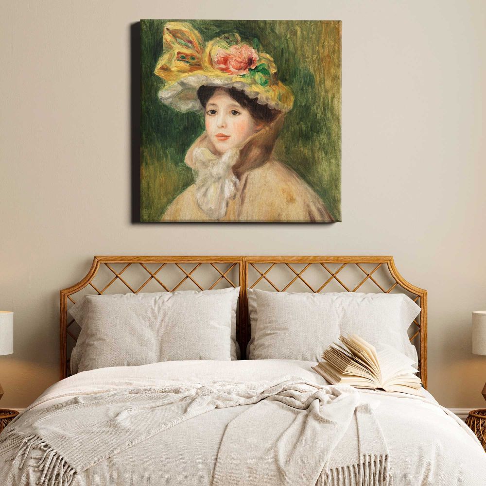 Pierre Auguste Renoir poster, vintage Woman with Capeline wall decor (early 1890s) — room mockup view 17