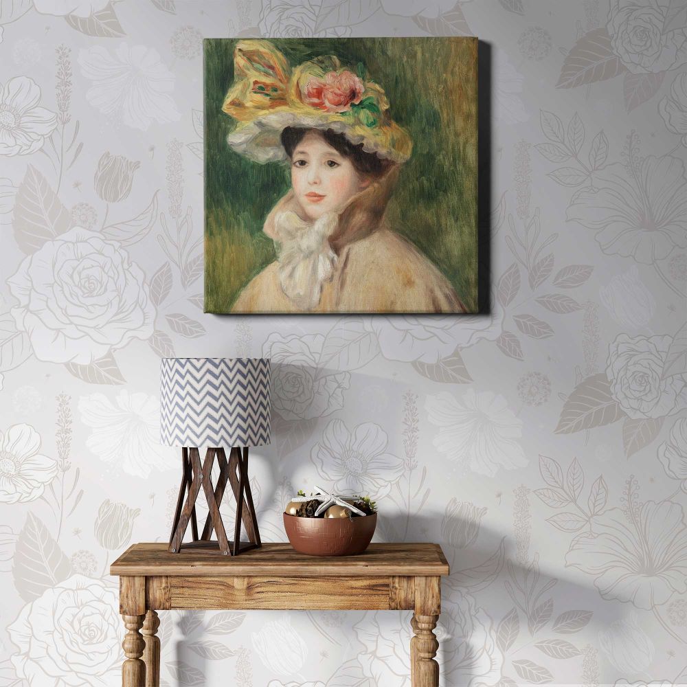 Pierre Auguste Renoir poster, vintage Woman with Capeline wall decor (early 1890s) — room mockup view 1