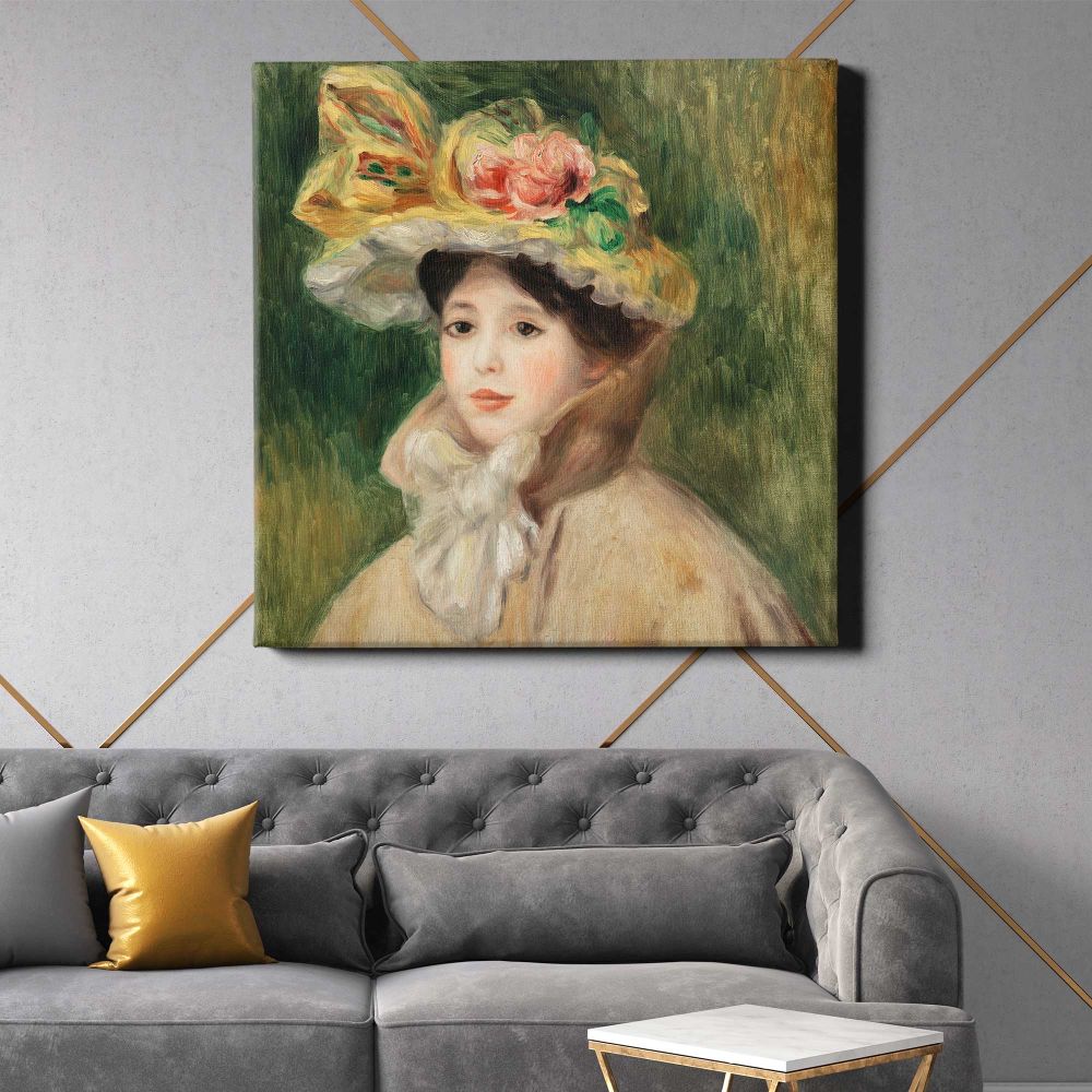 Pierre Auguste Renoir poster, vintage Woman with Capeline wall decor (early 1890s) — room mockup view 21