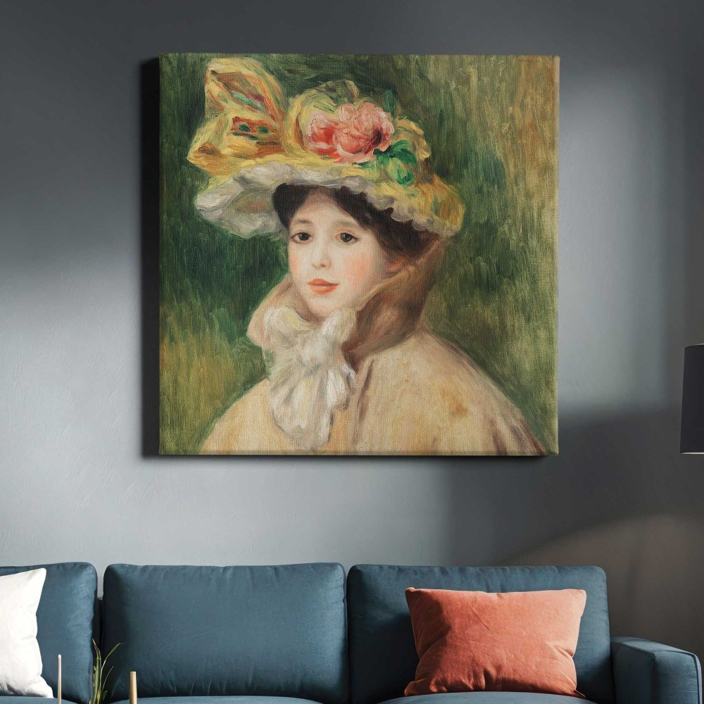 Pierre Auguste Renoir poster, vintage Woman with Capeline wall decor (early 1890s) — room mockup view 3