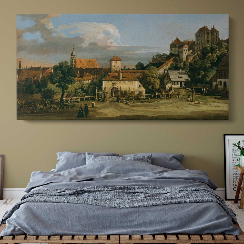Pirna - The Obertor from the South by Bernardo Bellotto — single-panel canvas above a bed with blue bedding