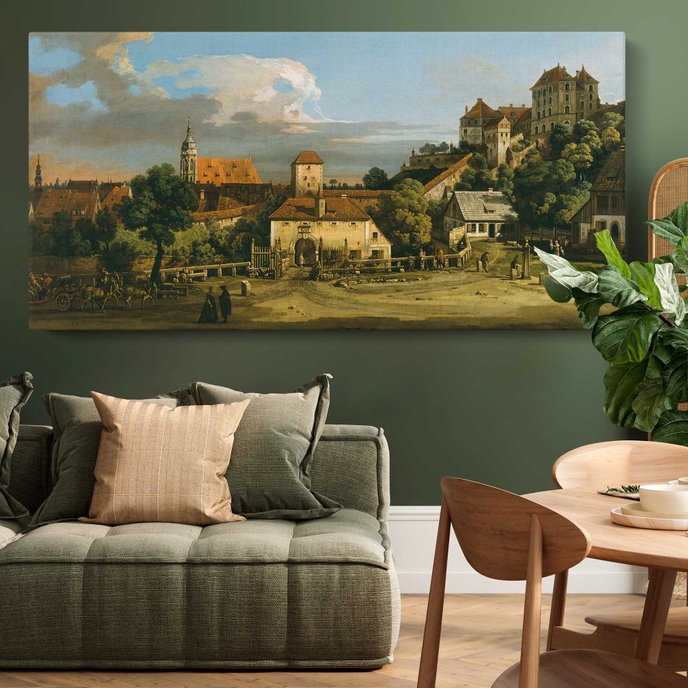 Pirna - The Obertor from the South by Bernardo Bellotto — single-panel canvas above a green sofa