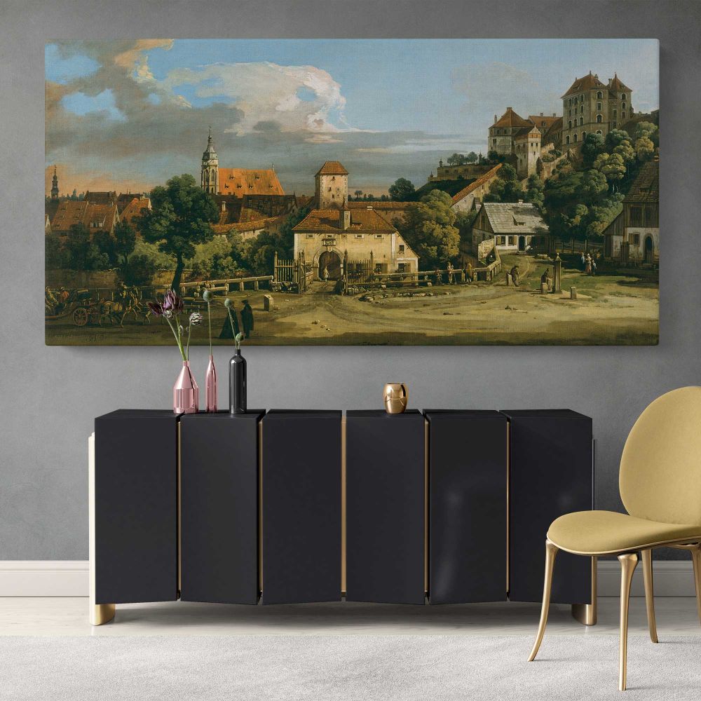 Pirna - The Obertor from the South by Bernardo Bellotto — single-panel canvas above a sideboard