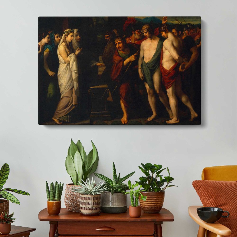 Pylades and Orestes Brought as Victims Before Iphigenia by Benjamin West - single-panel canvas displayed above a console table