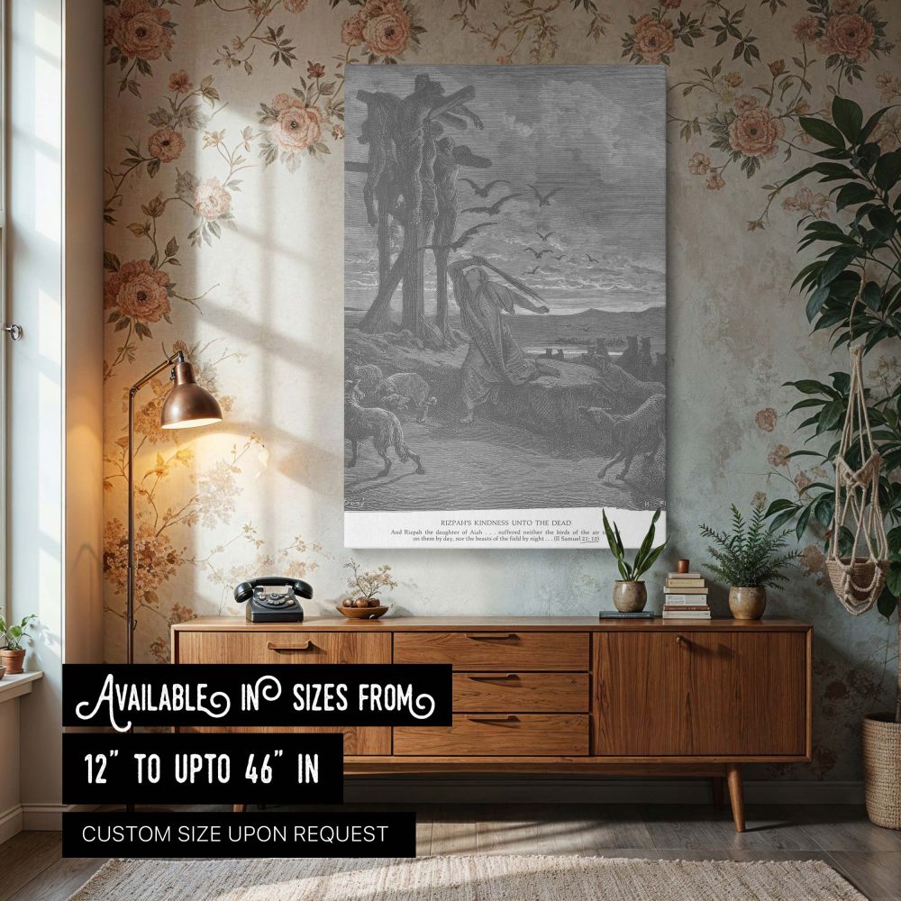 Rizpah Mourning at Night - Gustave Dore Engraving with Vultures and Torches canvas wall art
