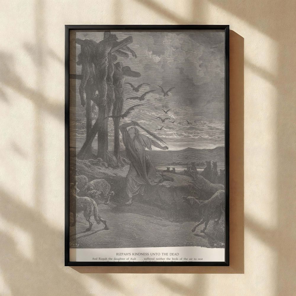 Rizpah Mourning at Night - Gustave Dore Engraving with Vultures and Torches canvas wall art - Image 2