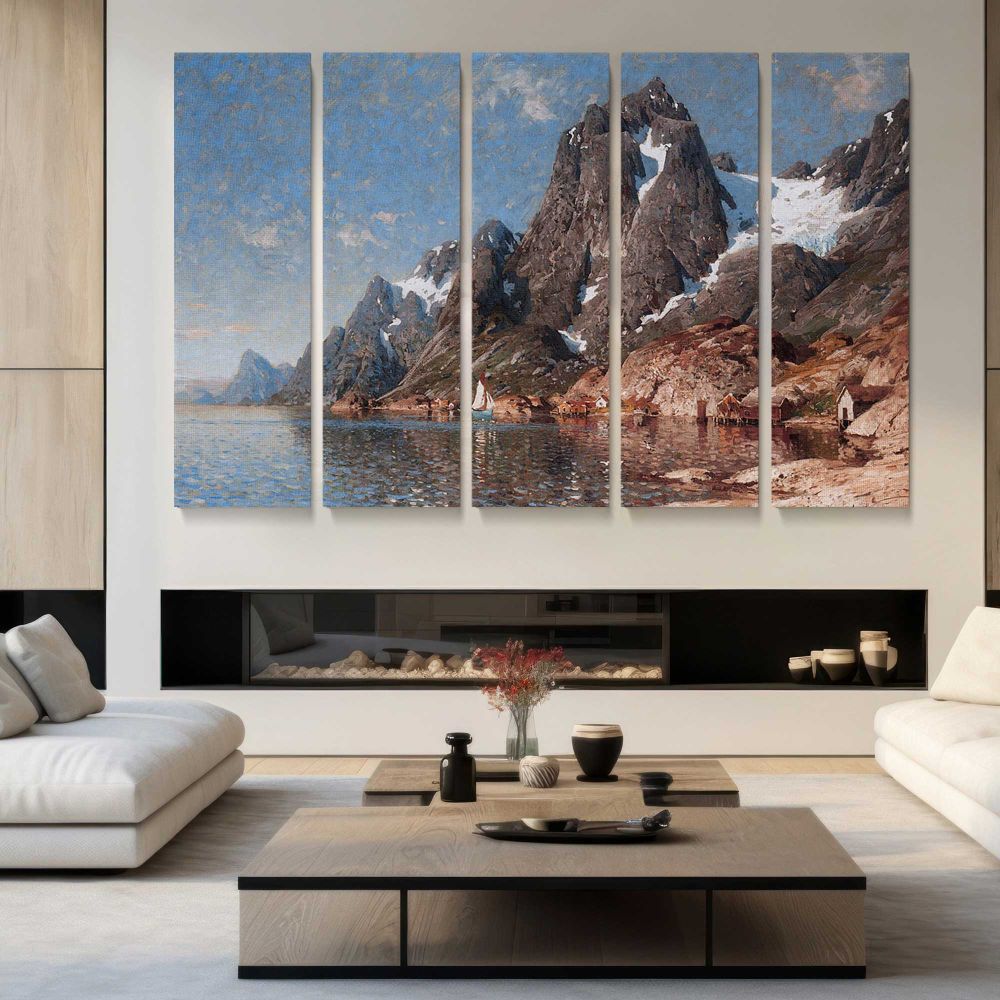 Sailing on the Fjord by Adelsteen Normann - multi-panel canvas displayed in a modern living room