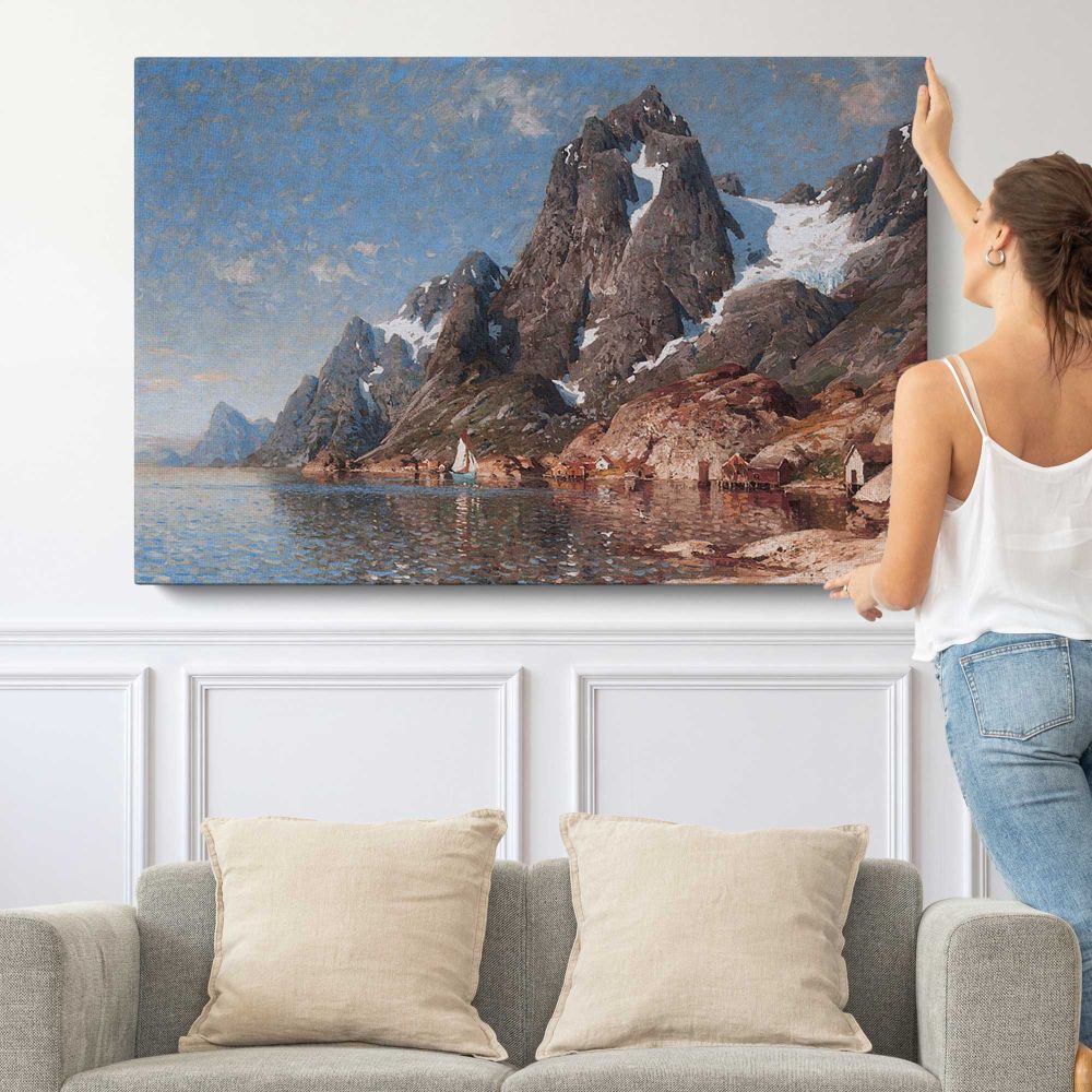 Sailing on the Fjord by Adelsteen Normann - single-panel canvas shown with a person for scale