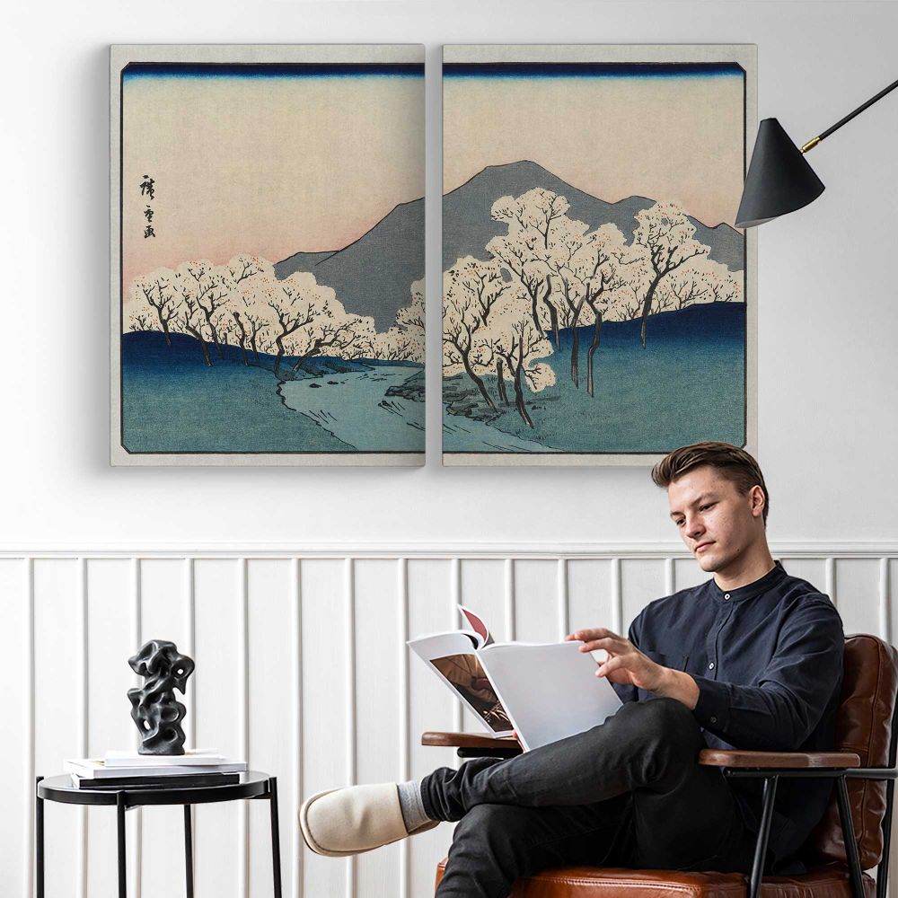 Sakura Namiki Zu , Vintage Japanese Illustration by Hiroshige Andō - two-panel canvas displayed in a reading room
