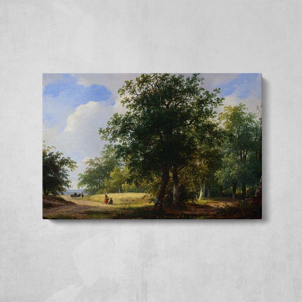 Schelfhout Andreas Peasants in A Cornfield - single-panel canvas displayed above a console table