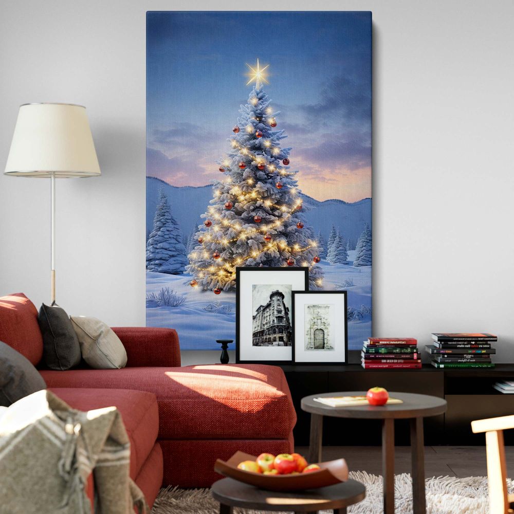 Snowy Forest Tree - Christmas Scene with Ornaments and Stars canvas wall art