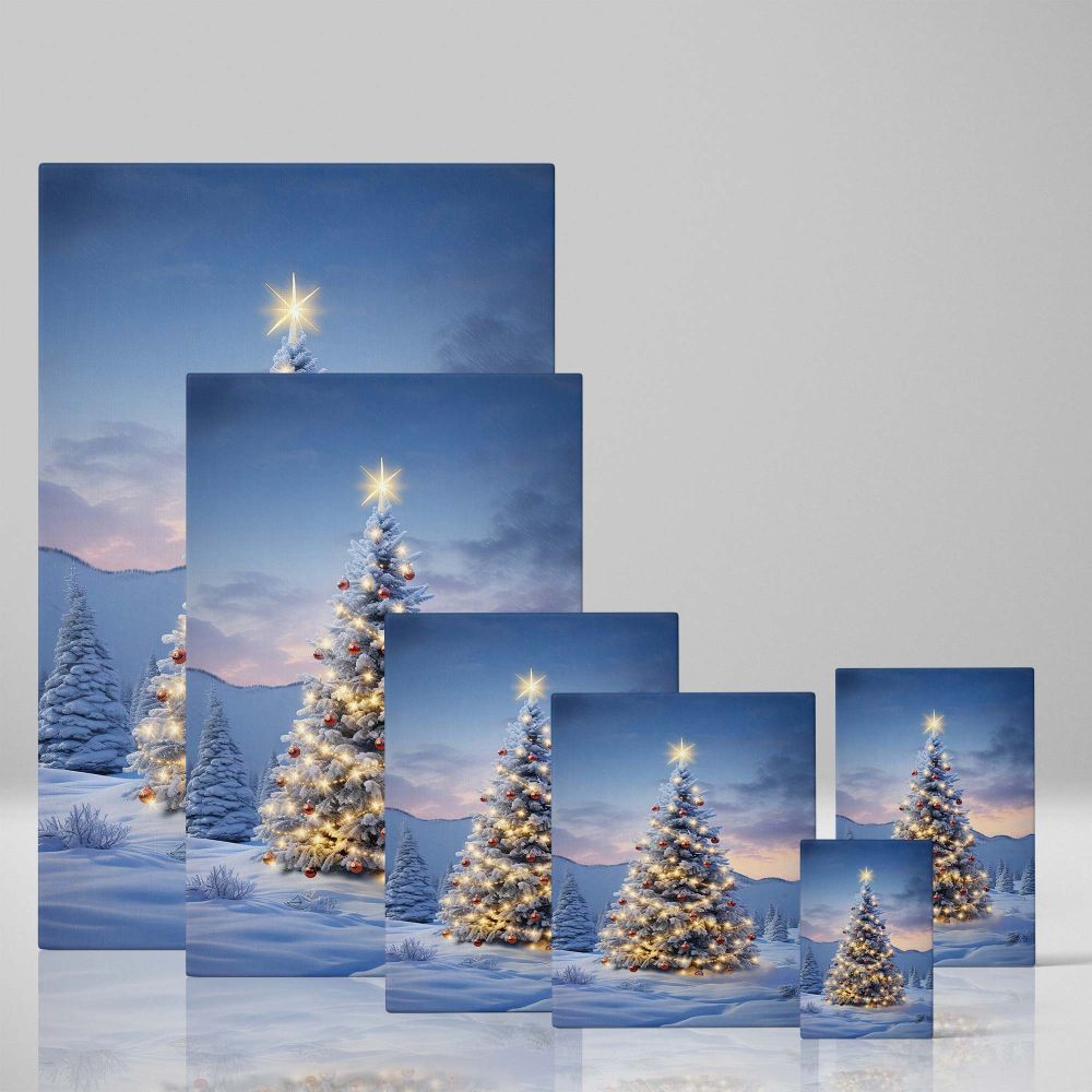 Snowy Forest Tree - Christmas Scene with Ornaments and Stars canvas wall art - Image 4