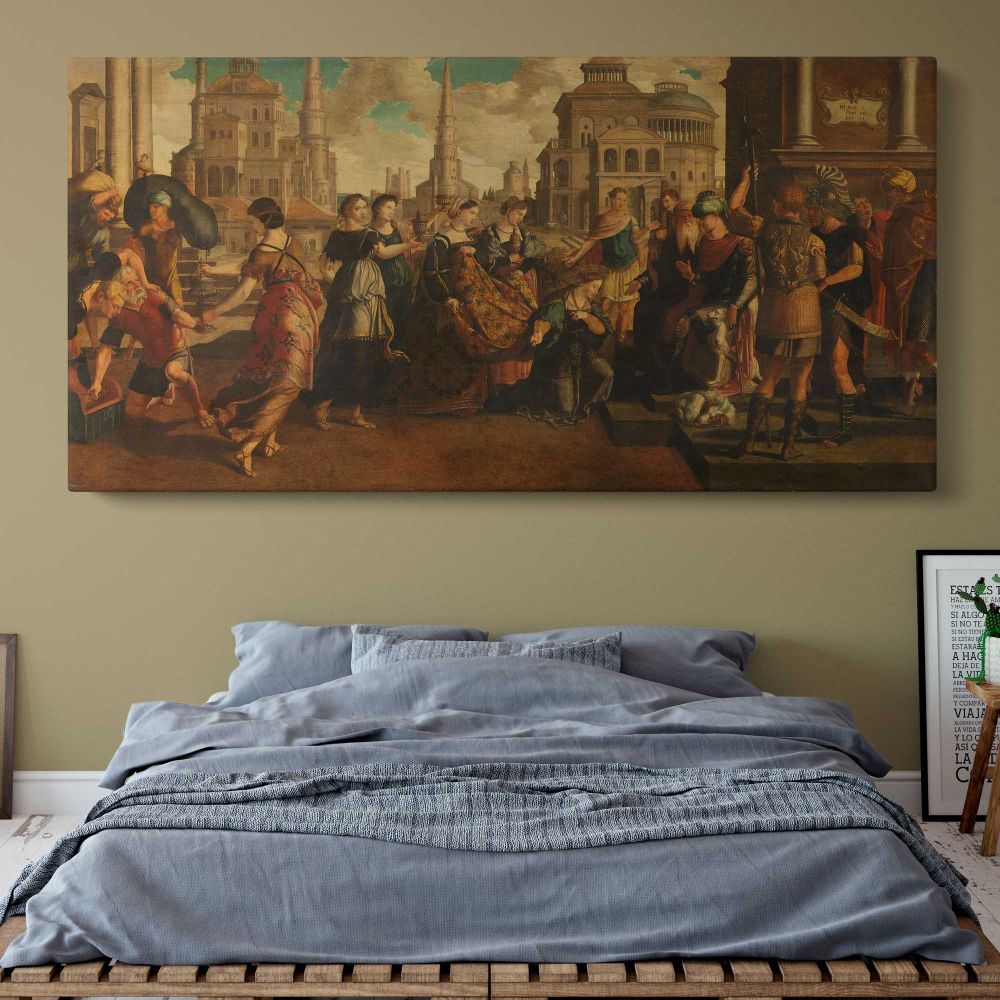 Solomon and the Queen of Sheba by Jan van Scorel and Jan Swart van Groningen — single-panel canvas above a bed with blue bedding