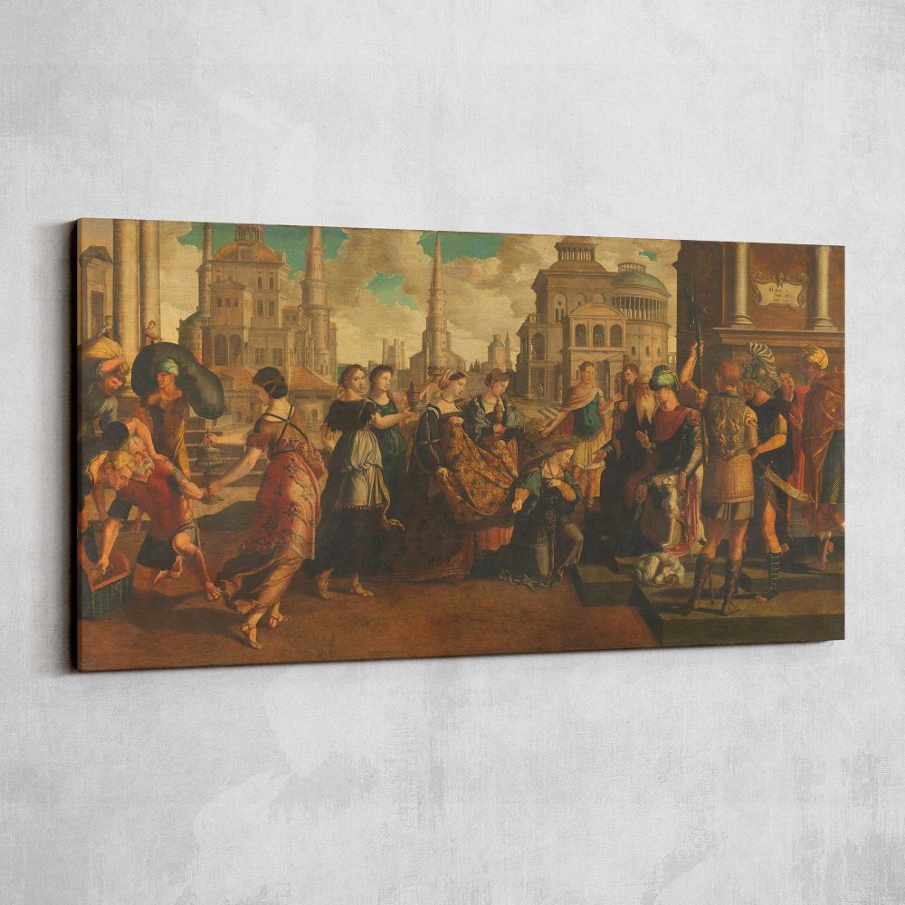 Solomon and the Queen of Sheba by Jan van Scorel and Jan Swart van Groningen — single-panel canvas shown on a pale studio wall