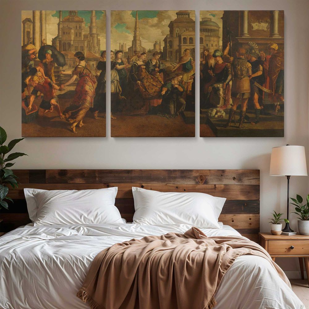 Solomon and the Queen of Sheba by Jan van Scorel and Jan Swart van Groningen — three-panel canvas above a bed