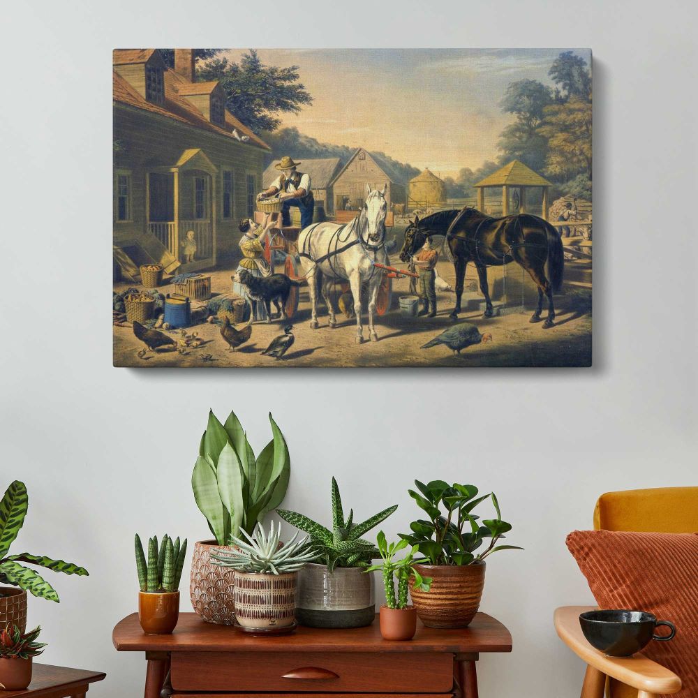 Stagecoach in a Mountain Village - single-panel canvas displayed above a console table