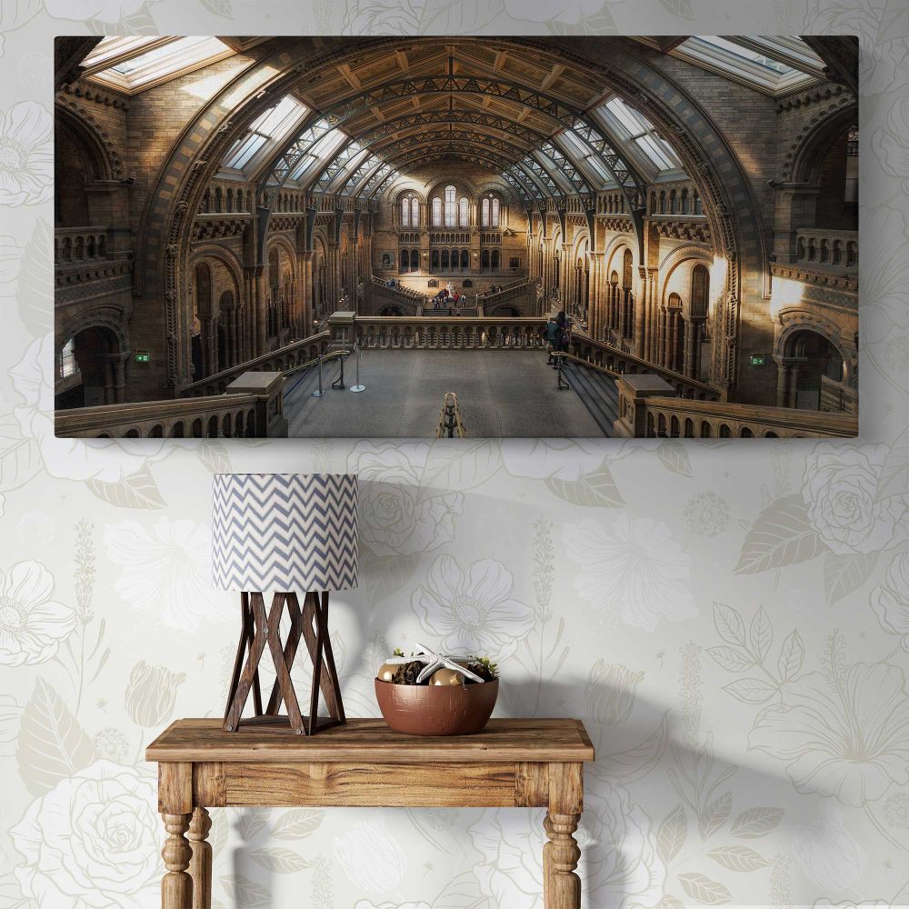 Sunlit Hall at the Natural History Museum — single-panel canvas above a console table