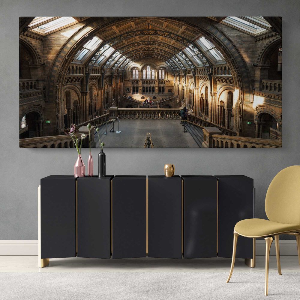 Sunlit Hall at the Natural History Museum — single-panel canvas above a sideboard