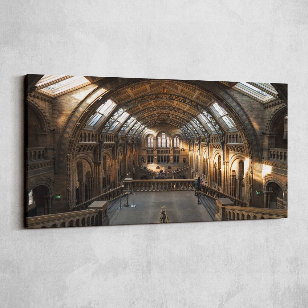 Sunlit Hall at the Natural History Museum — single-panel canvas shown on a pale studio wall