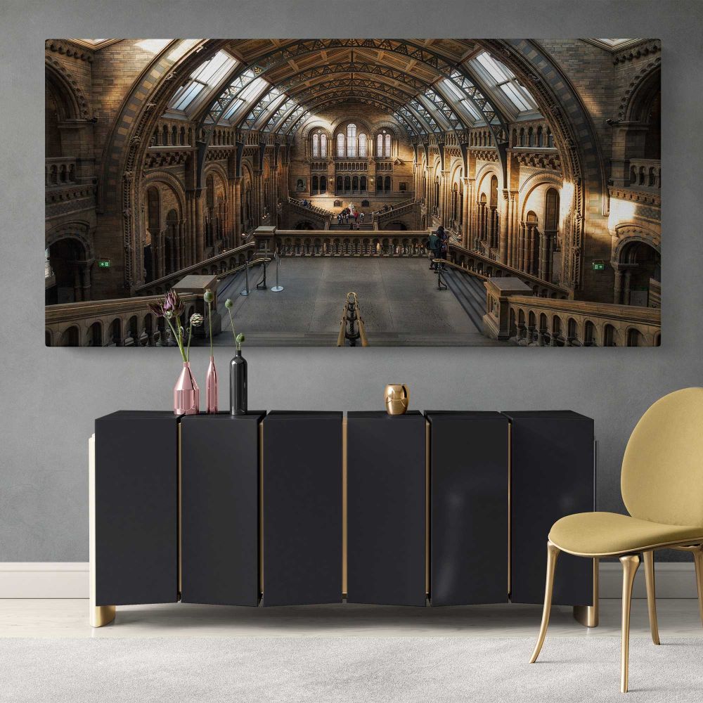 Sunlit Hall at the Natural History Museum — single-panel canvas above a sideboard