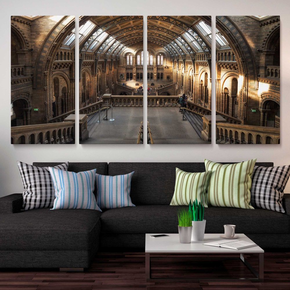 Sunlit Hall at the Natural History Museum — three-panel canvas arrangement above a sofa