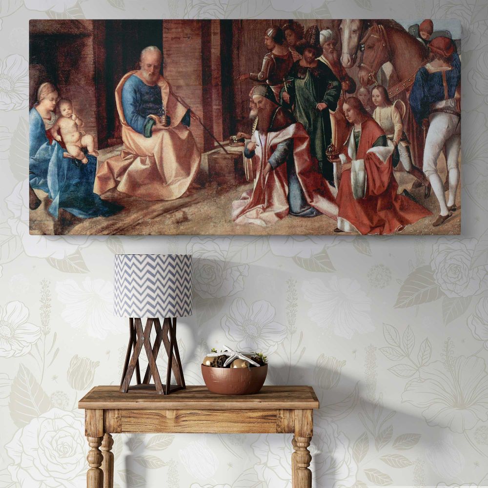 The Adoration of the Kings by Giorgione — single-panel canvas above a console table
