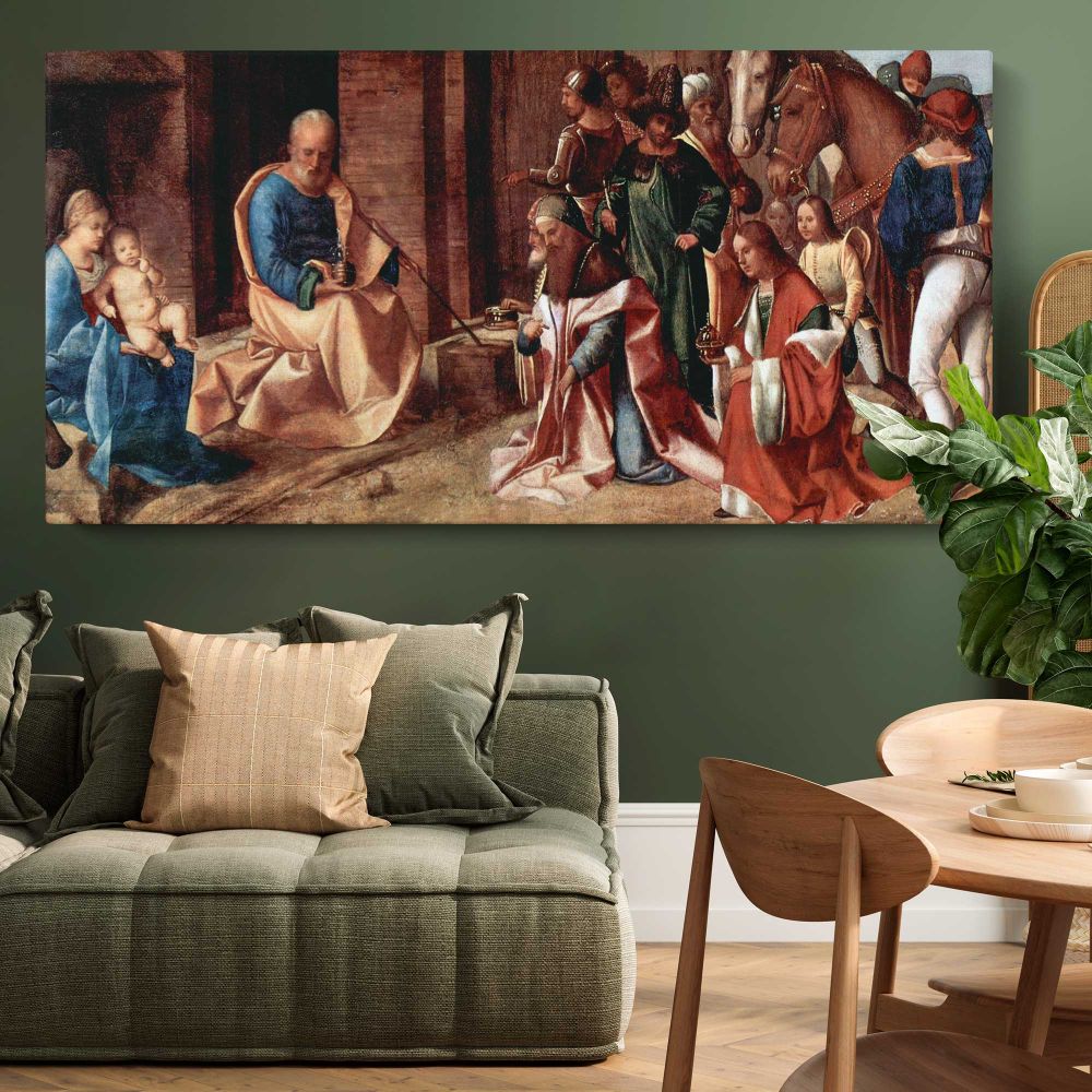 The Adoration of the Kings by Giorgione — single-panel canvas above a green sofa