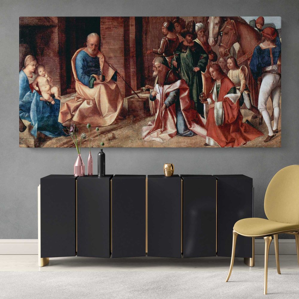 The Adoration of the Kings by Giorgione — single-panel canvas above a sideboard