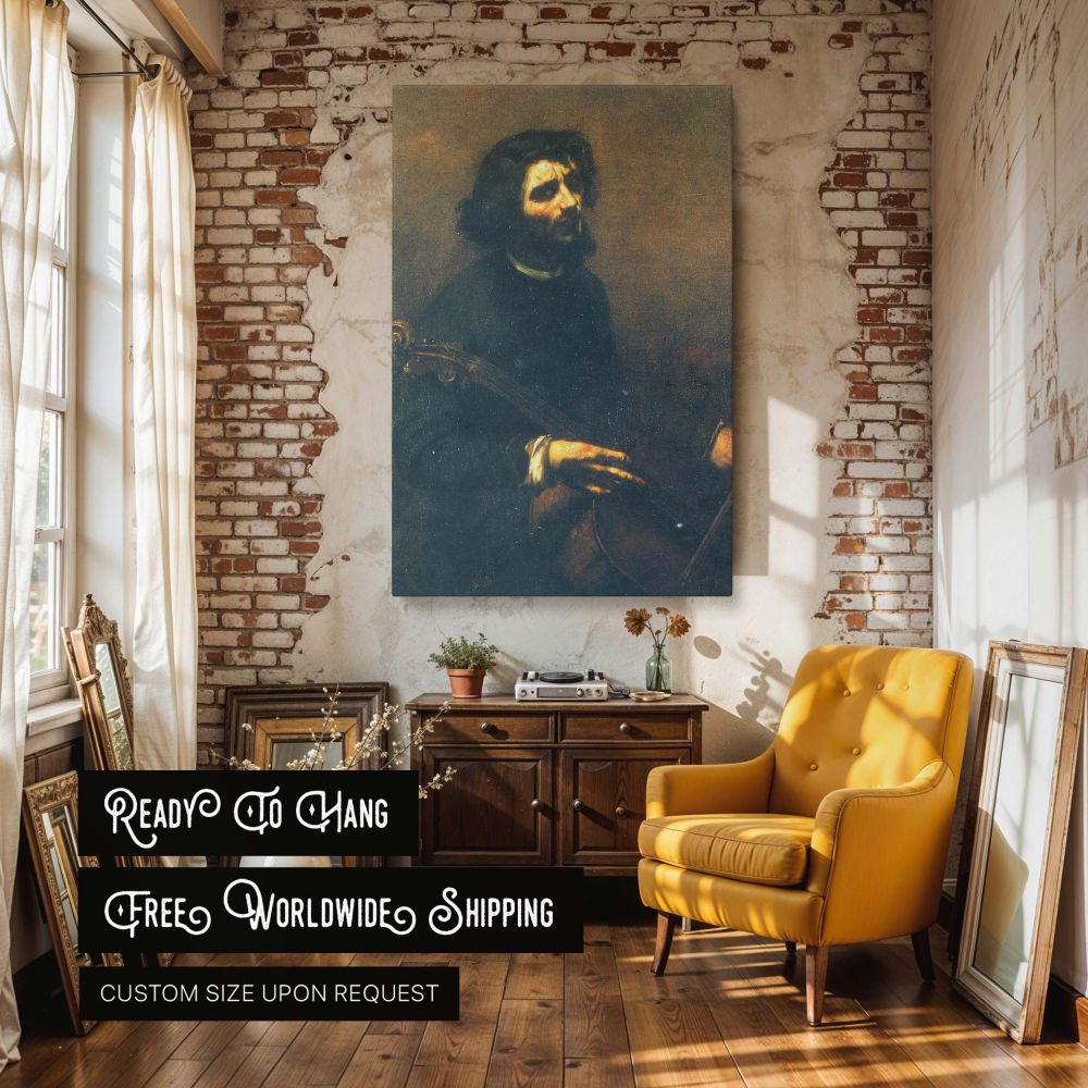 The Cellist by Gustave Courbet - Dark Self-Portrait with Musical Expression canvas wall art - Image 3