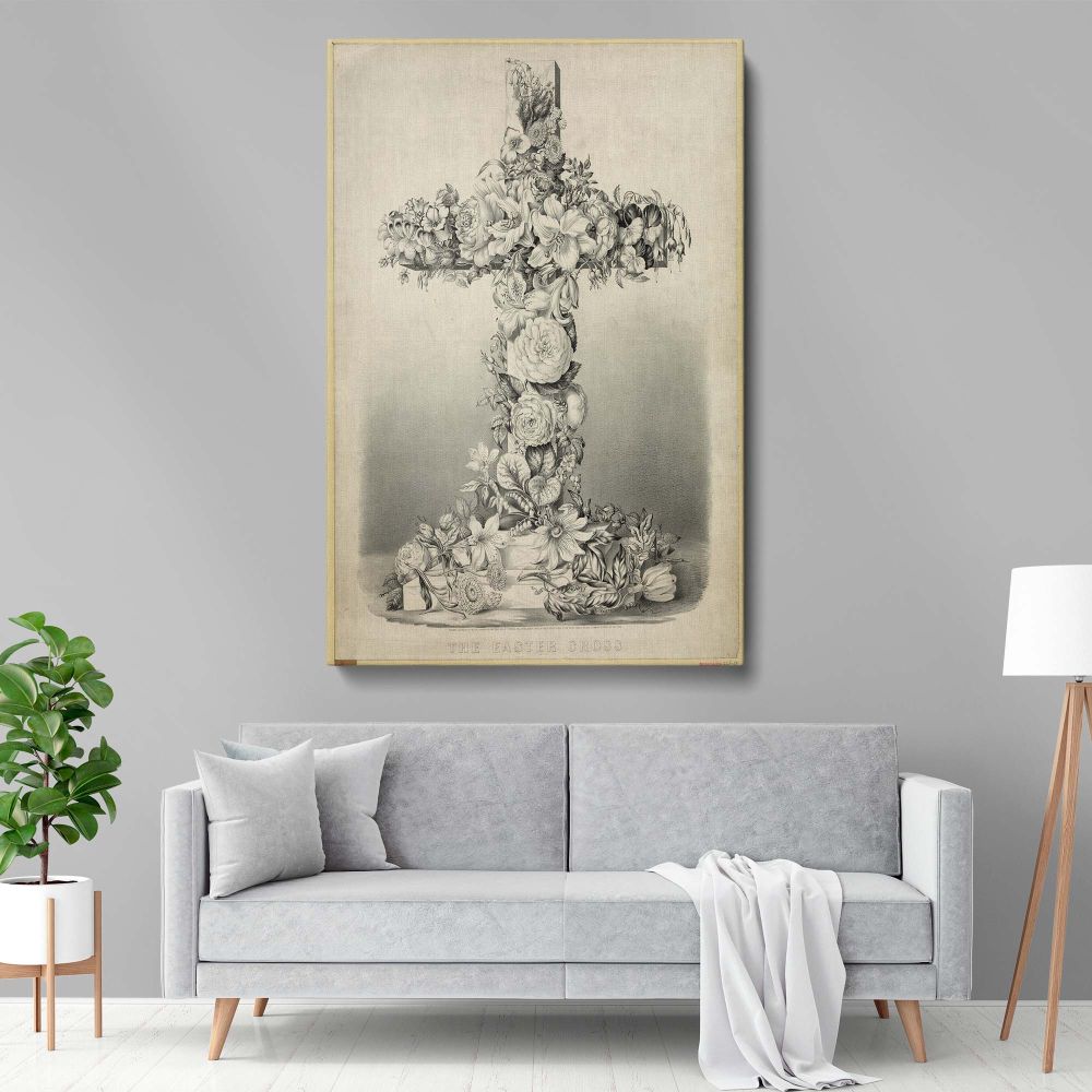 The Easter Cross - Vintage Floral Cross Design for Resurrection By Currier & Ives canvas wall art - Image 5