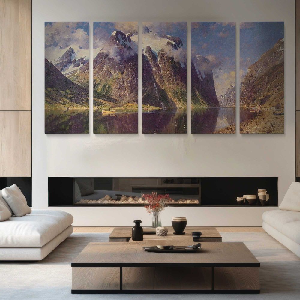 The Fjord by Adelsteen Normann — four-panel canvas arrangement in a living room