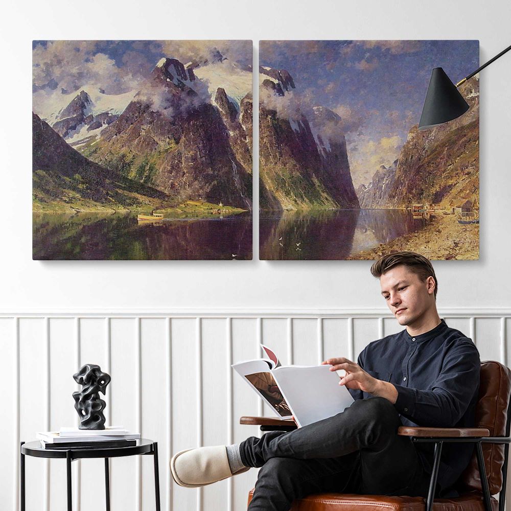 The Fjord by Adelsteen Normann — two-panel canvas arrangement in a room